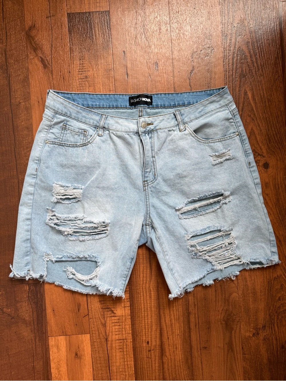 Fashion Nova Light Blue Distressed Denim Jean Shorts